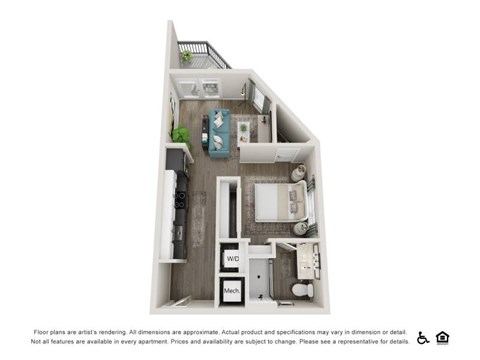 Floor plan for studio, 1 bath, 568 sqft